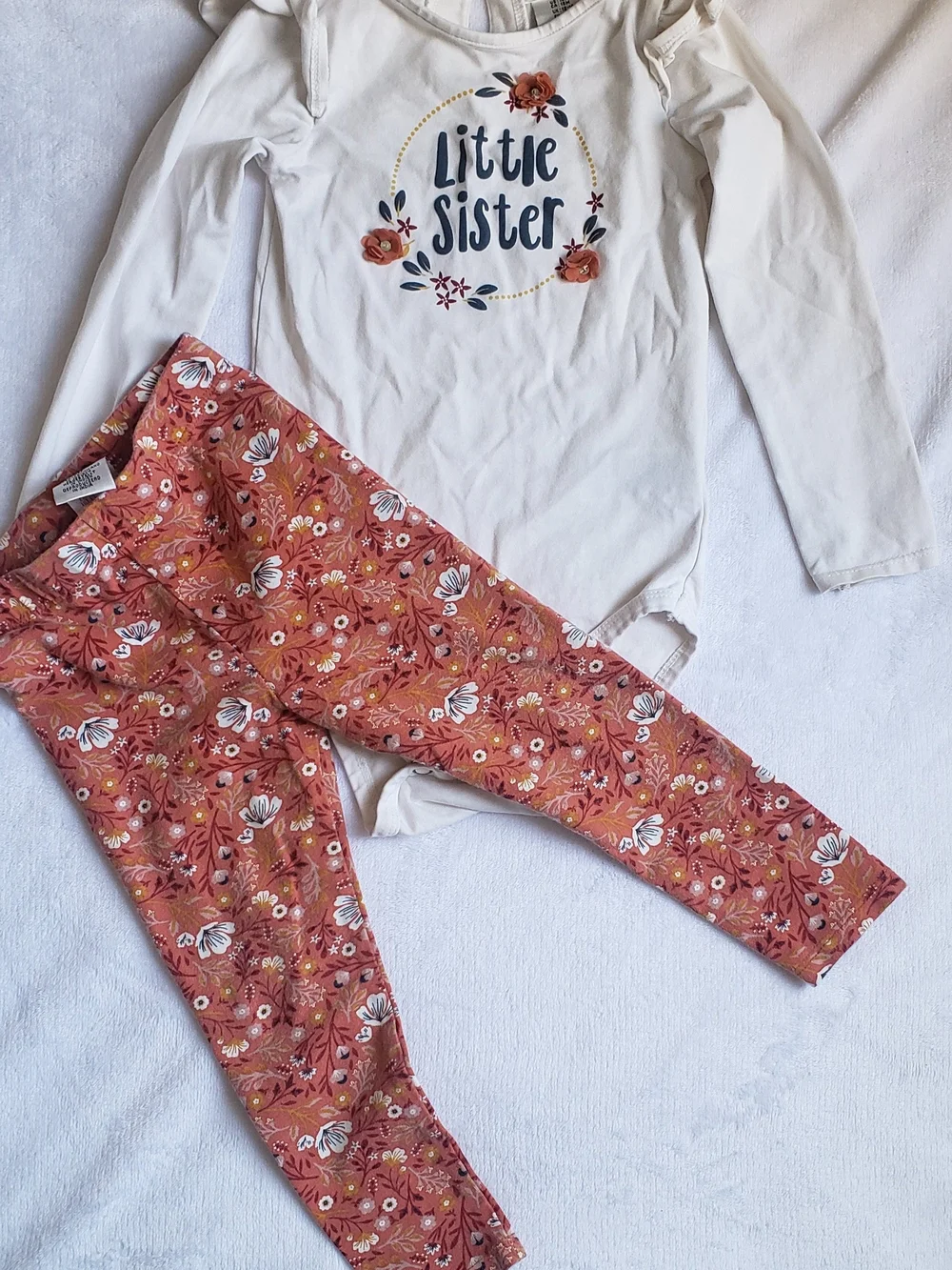 Max Studio Kids White Bodysuit with Navy Script and Rust Floral Accent